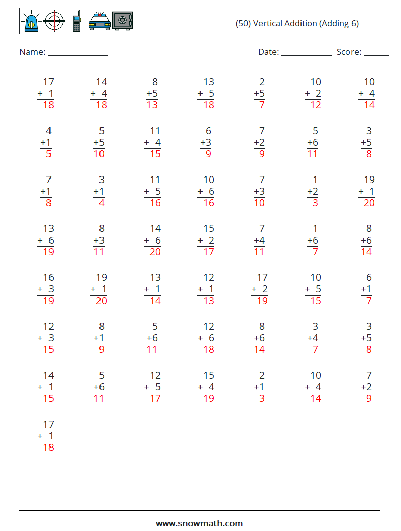 (50) Vertical  Addition (Adding 6) Maths Worksheets 12 Question, Answer