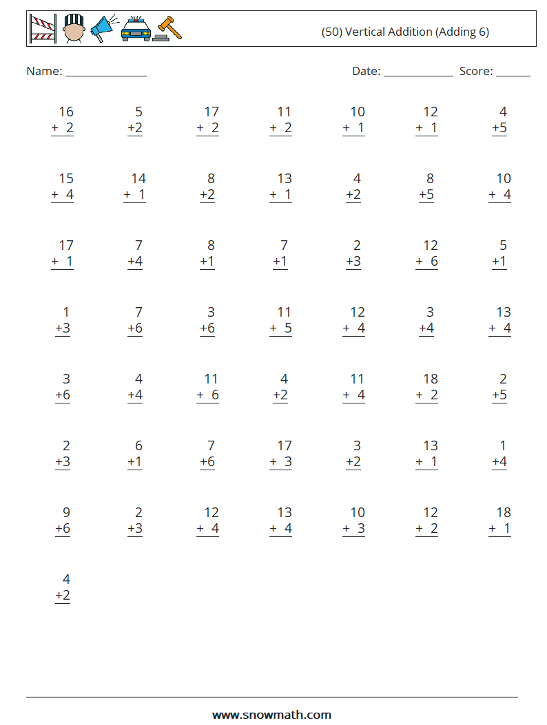 (50) Vertical  Addition (Adding 6) Maths Worksheets 13
