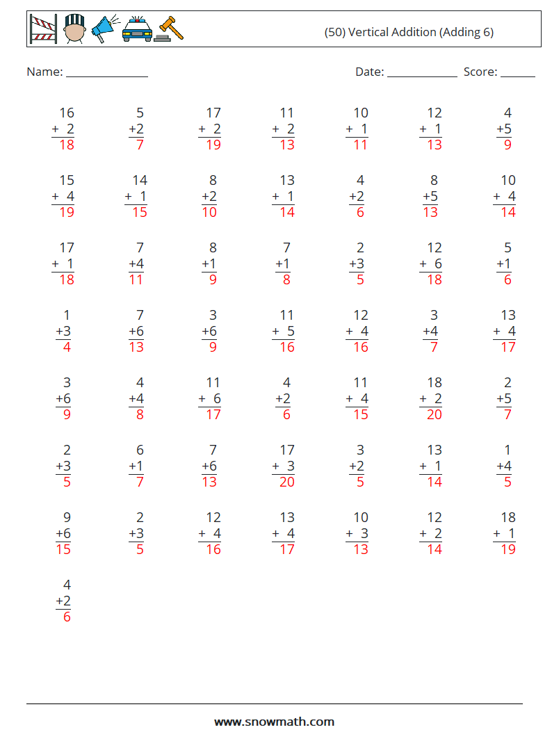 (50) Vertical  Addition (Adding 6) Maths Worksheets 13 Question, Answer