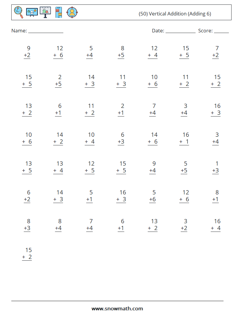 (50) Vertical  Addition (Adding 6) Maths Worksheets 15