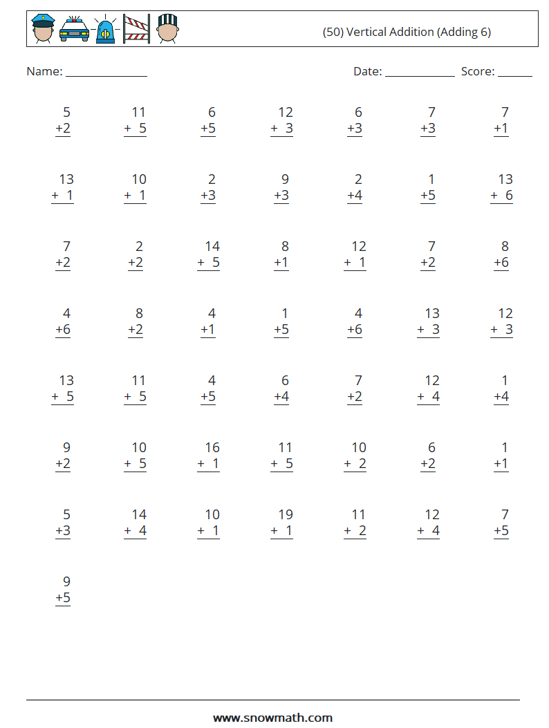 (50) Vertical  Addition (Adding 6) Maths Worksheets 3