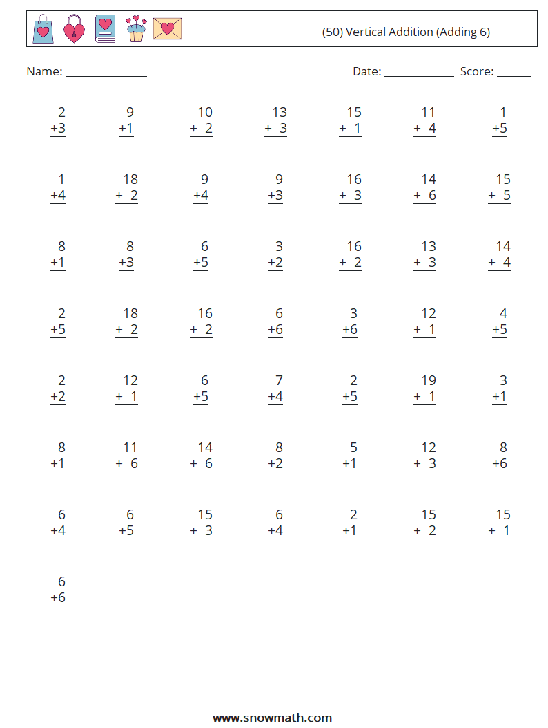 (50) Vertical  Addition (Adding 6) Maths Worksheets 4