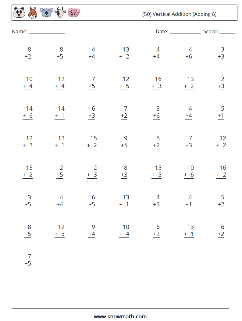 (50) Vertical  Addition (Adding 6) Maths Worksheets 5