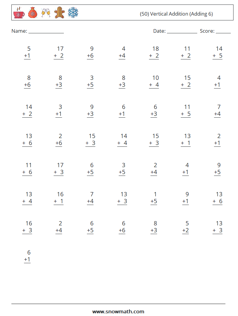 (50) Vertical  Addition (Adding 6) Maths Worksheets 6