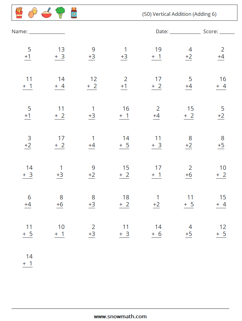 (50) Vertical  Addition (Adding 6) Maths Worksheets 7