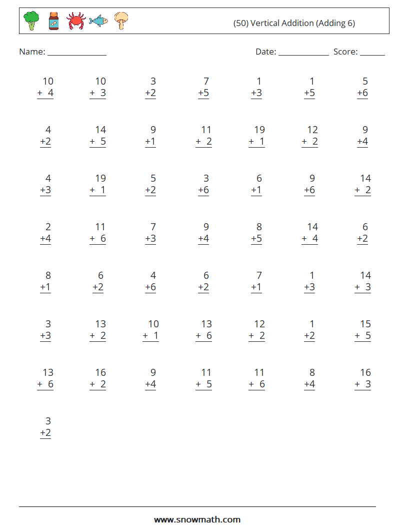 (50) Vertical  Addition (Adding 6) Maths Worksheets 9