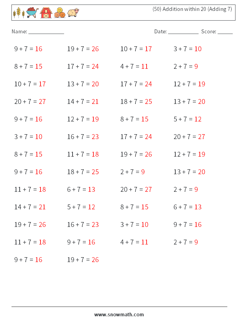 (50) Addition within 20 (Adding 7) Maths Worksheets 1 Question, Answer