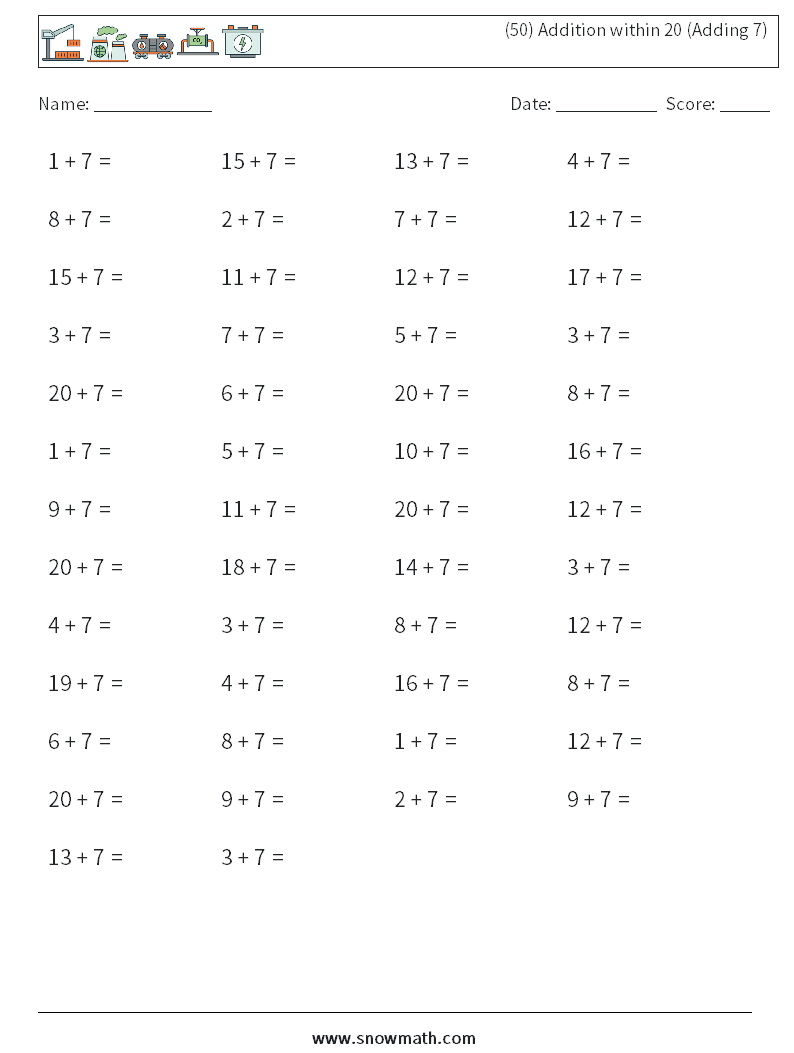 (50) Addition within 20 (Adding 7) Maths Worksheets 2