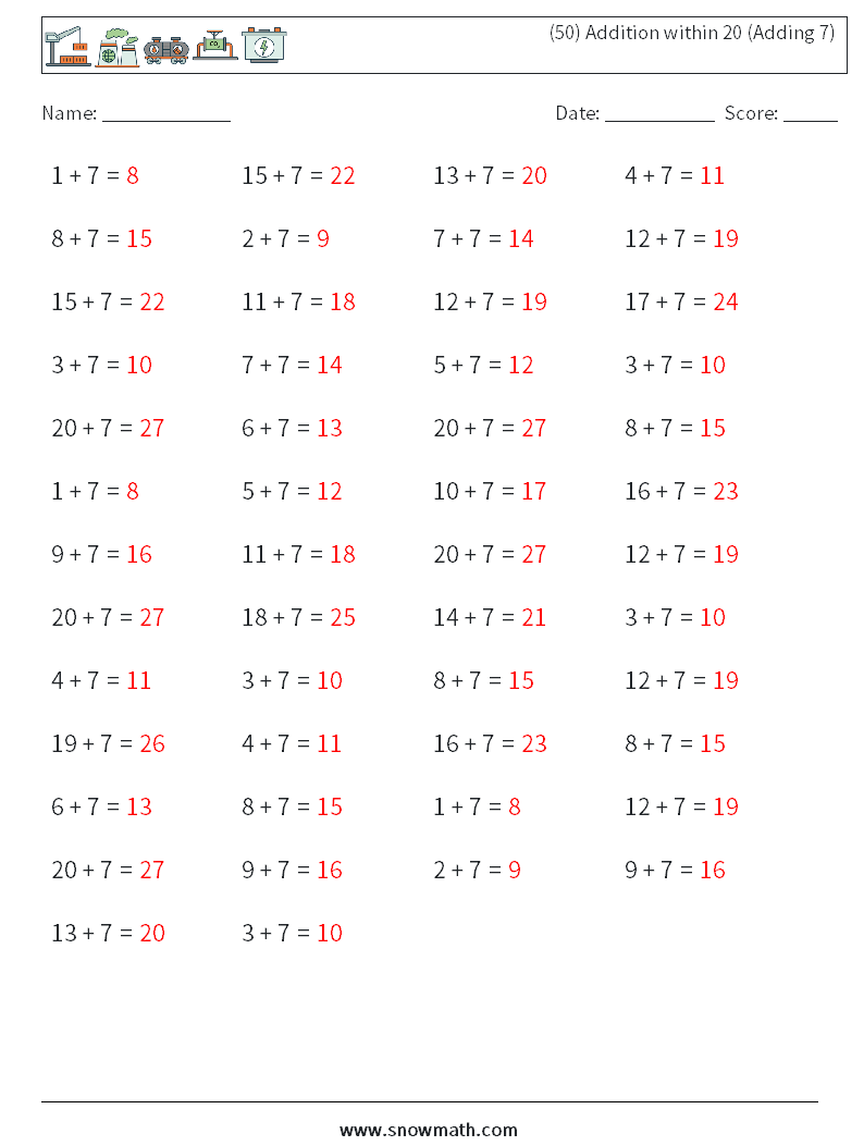 (50) Addition within 20 (Adding 7) Maths Worksheets 2 Question, Answer