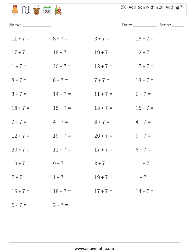 (50) Addition within 20 (Adding 7) Maths Worksheets 3