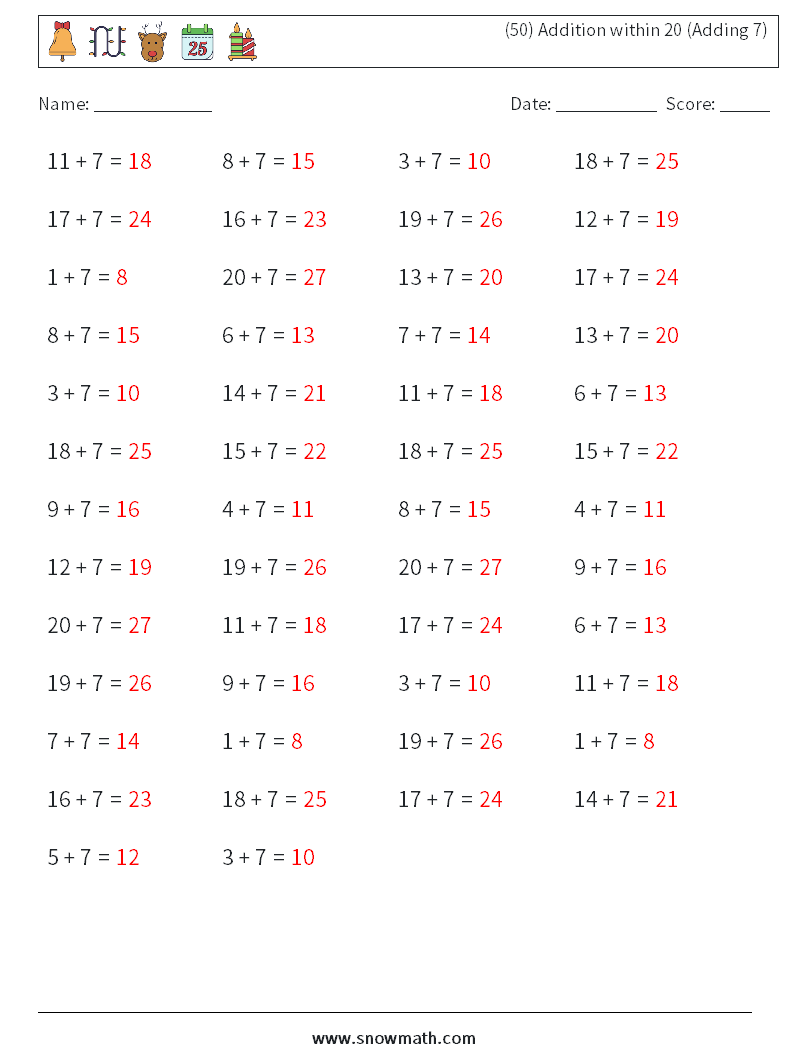 (50) Addition within 20 (Adding 7) Maths Worksheets 3 Question, Answer