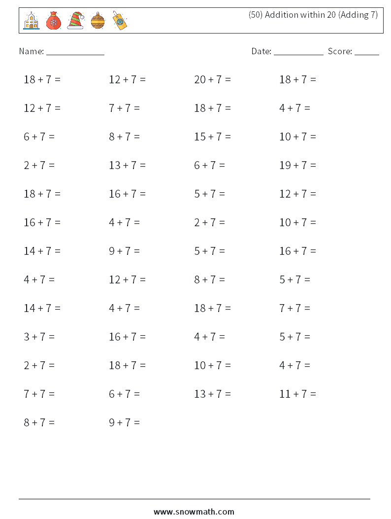 (50) Addition within 20 (Adding 7) Maths Worksheets 4
