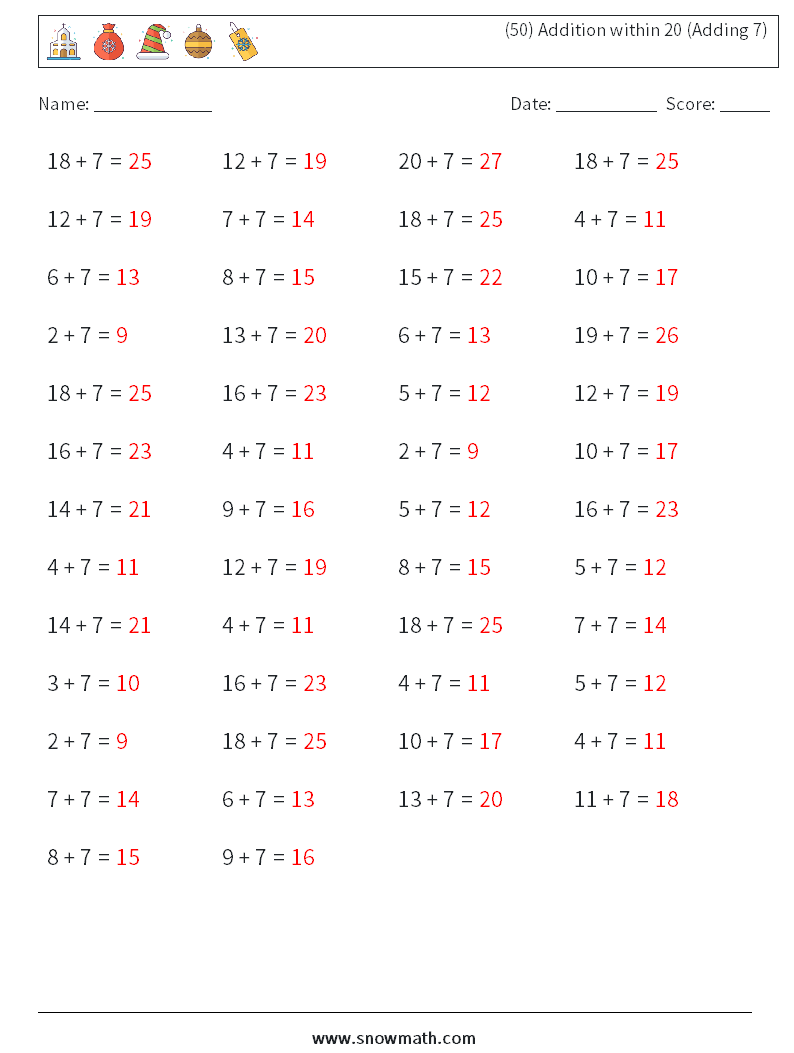 (50) Addition within 20 (Adding 7) Maths Worksheets 4 Question, Answer