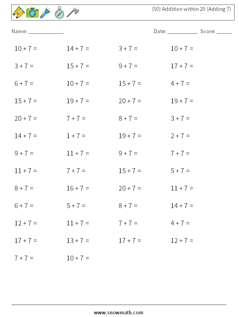 (50) Addition within 20 (Adding 7) Maths Worksheets 5