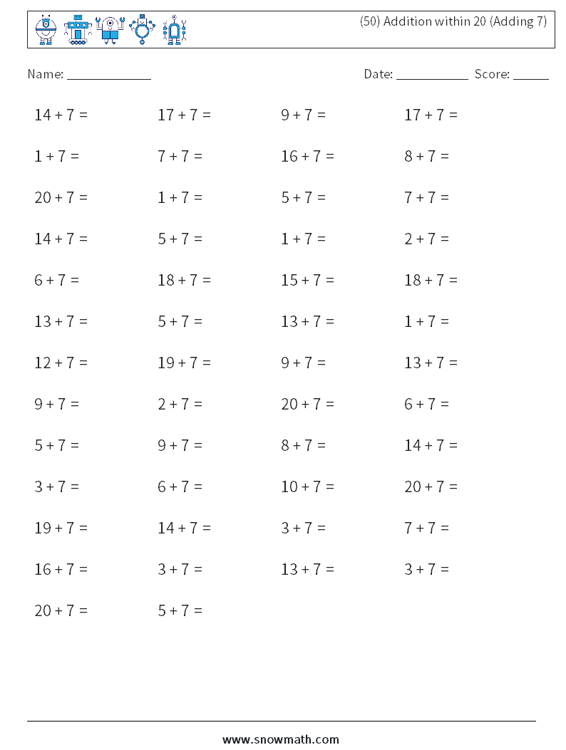 (50) Addition within 20 (Adding 7) Maths Worksheets 8