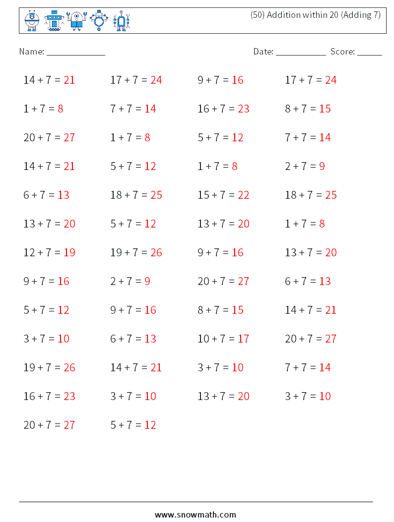 (50) Addition within 20 (Adding 7) Maths Worksheets 8 Question, Answer