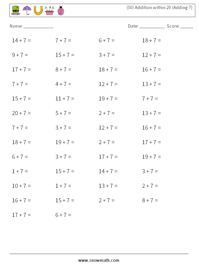 (50) Addition within 20 (Adding 7) Maths Worksheets 9