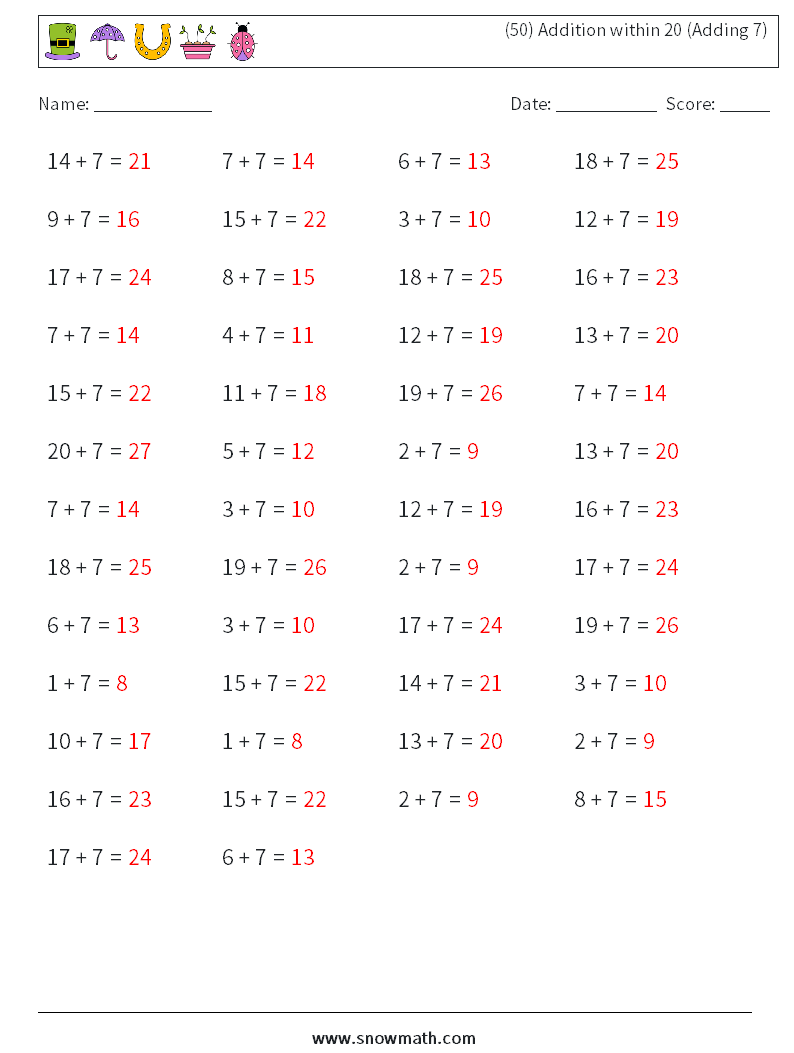 (50) Addition within 20 (Adding 7) Maths Worksheets 9 Question, Answer