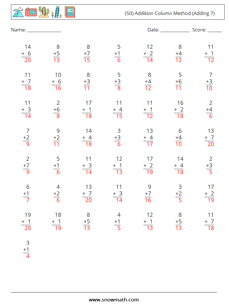 (50) Addition Column Method (Adding 7) Maths Worksheets 10 Question, Answer