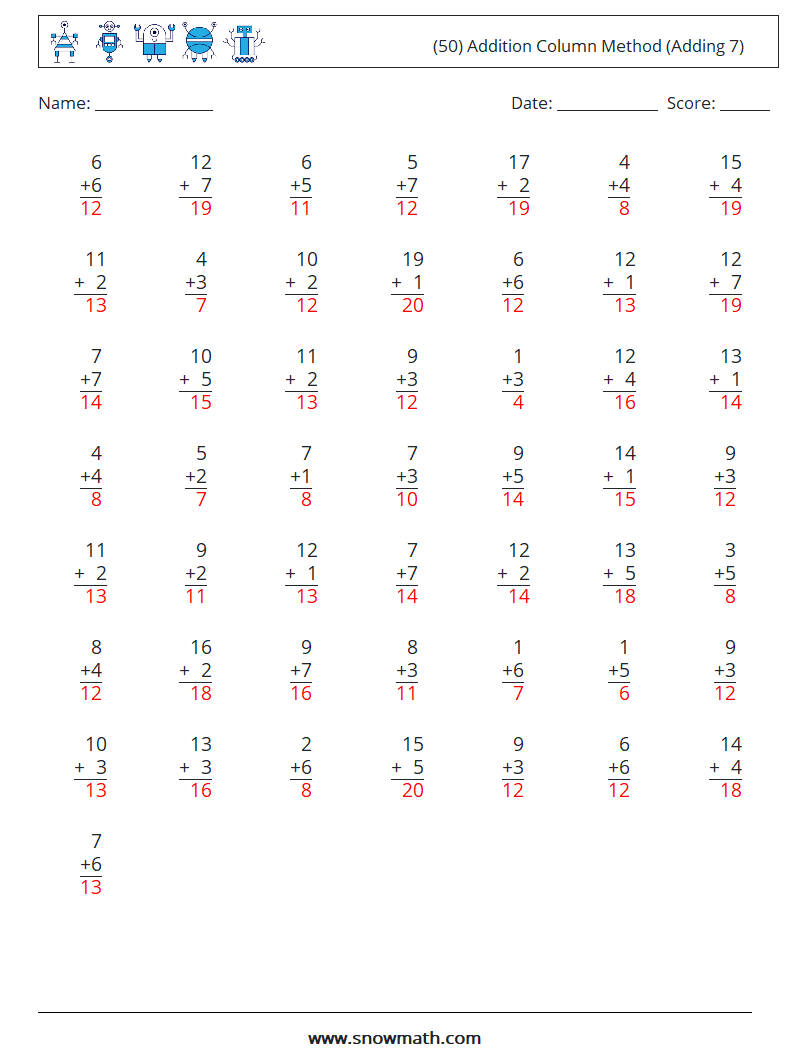 (50) Addition Column Method (Adding 7) Maths Worksheets 16 Question, Answer