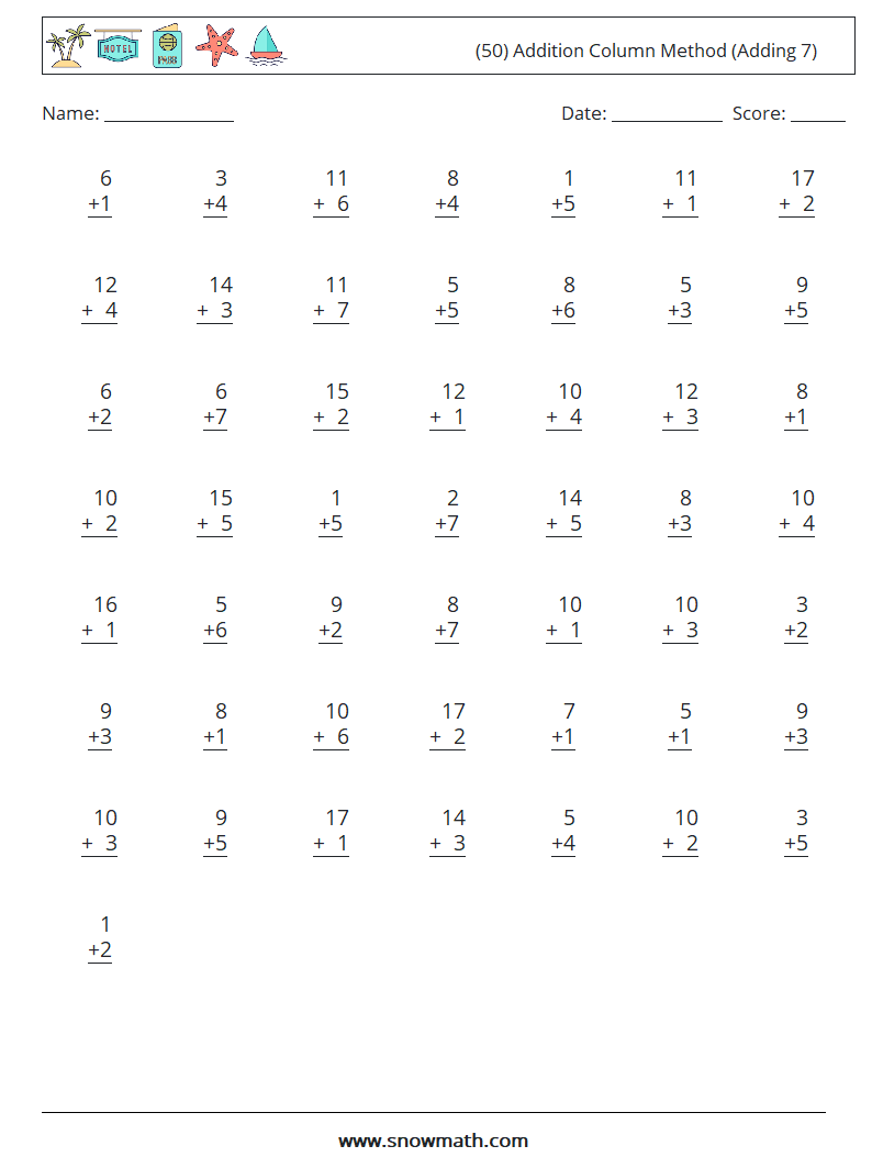 (50) Addition Column Method (Adding 7) Maths Worksheets 18