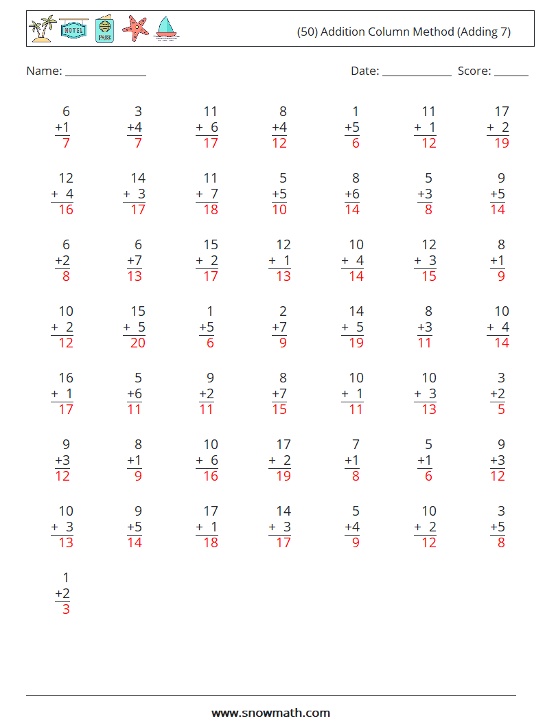 (50) Addition Column Method (Adding 7) Maths Worksheets 18 Question, Answer