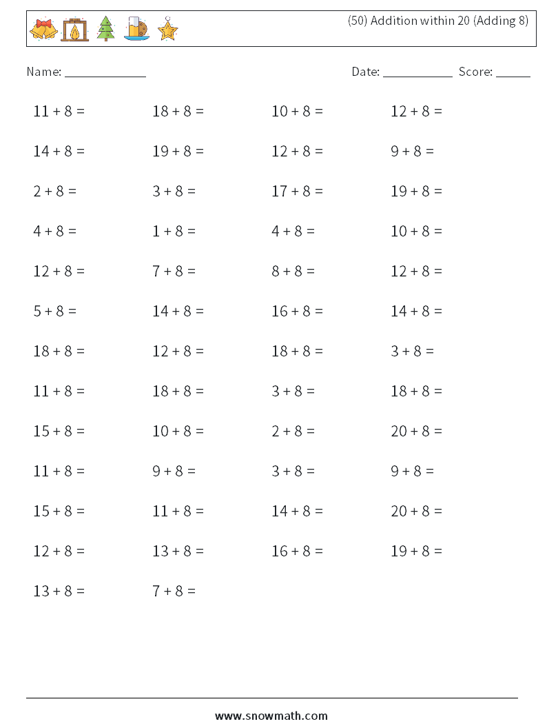 (50) Addition within 20 (Adding 8) Maths Worksheets 1
