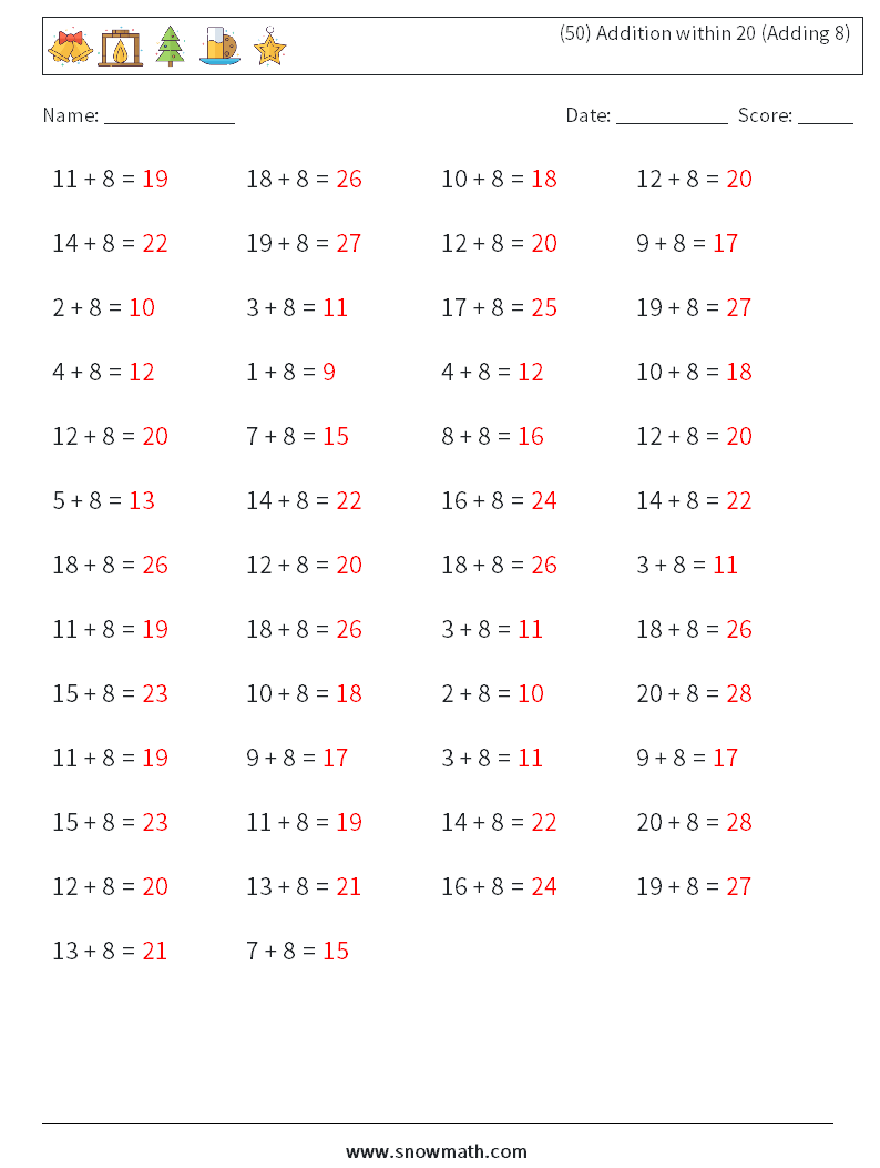(50) Addition within 20 (Adding 8) Maths Worksheets 1 Question, Answer