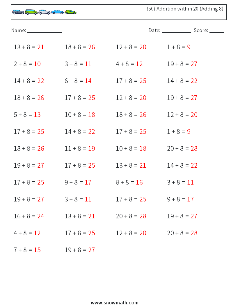 (50) Addition within 20 (Adding 8) Maths Worksheets 2 Question, Answer