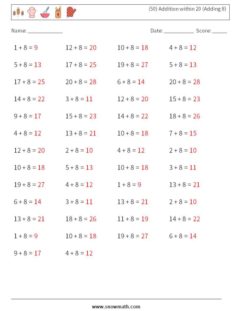 (50) Addition within 20 (Adding 8) Maths Worksheets 3 Question, Answer