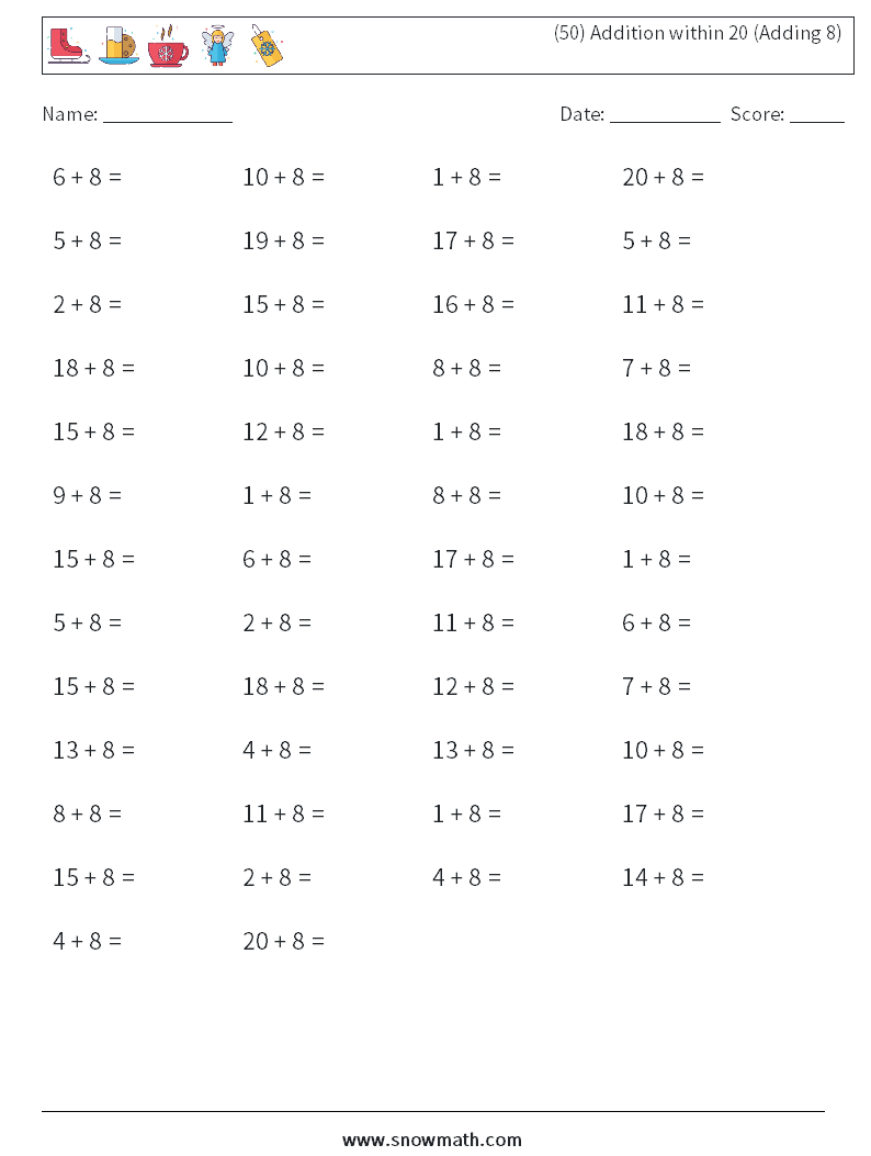(50) Addition within 20 (Adding 8) Maths Worksheets 4