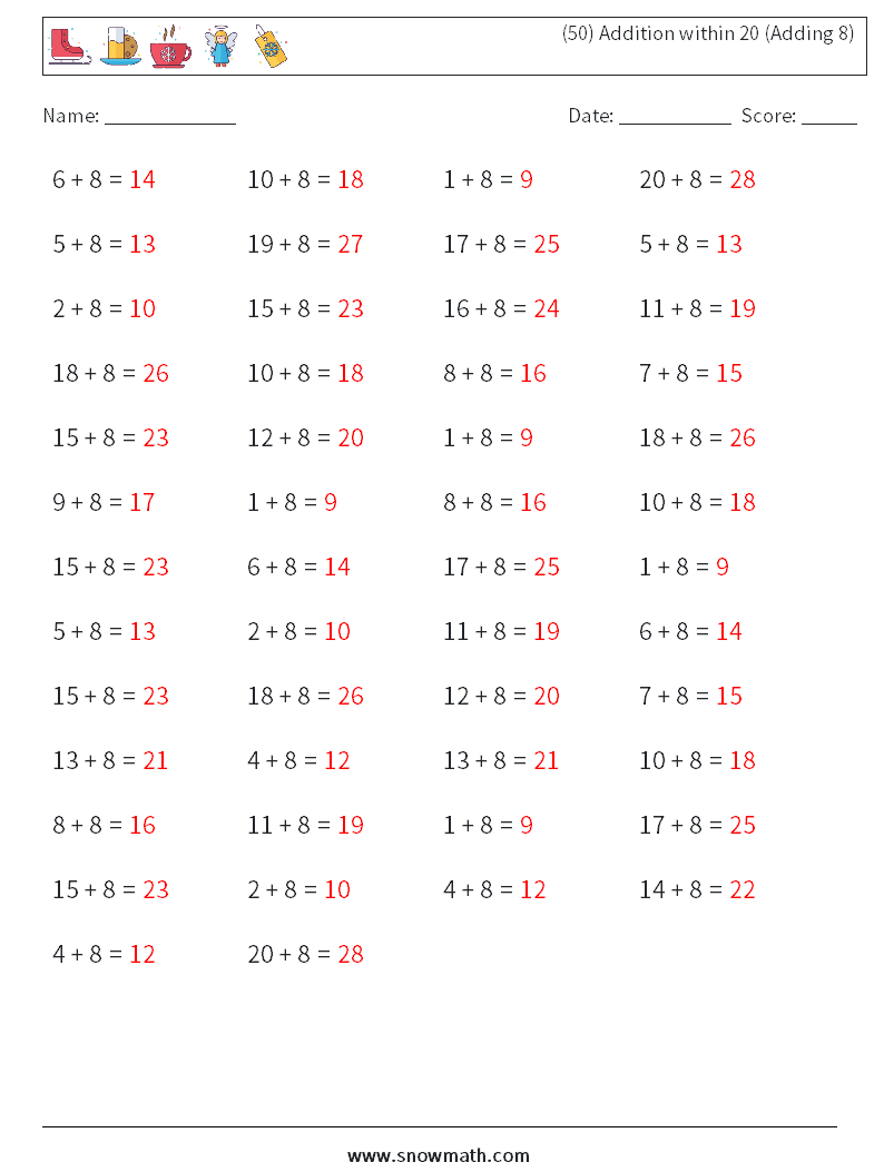 (50) Addition within 20 (Adding 8) Maths Worksheets 4 Question, Answer