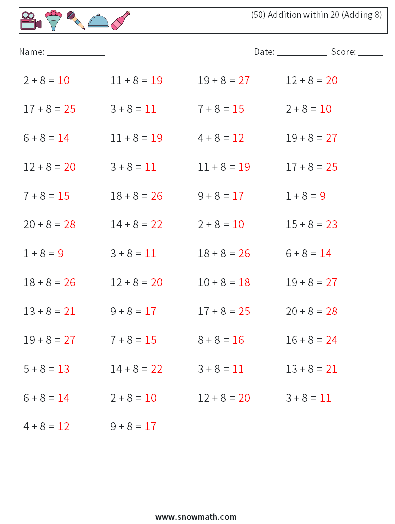 (50) Addition within 20 (Adding 8) Maths Worksheets 5 Question, Answer