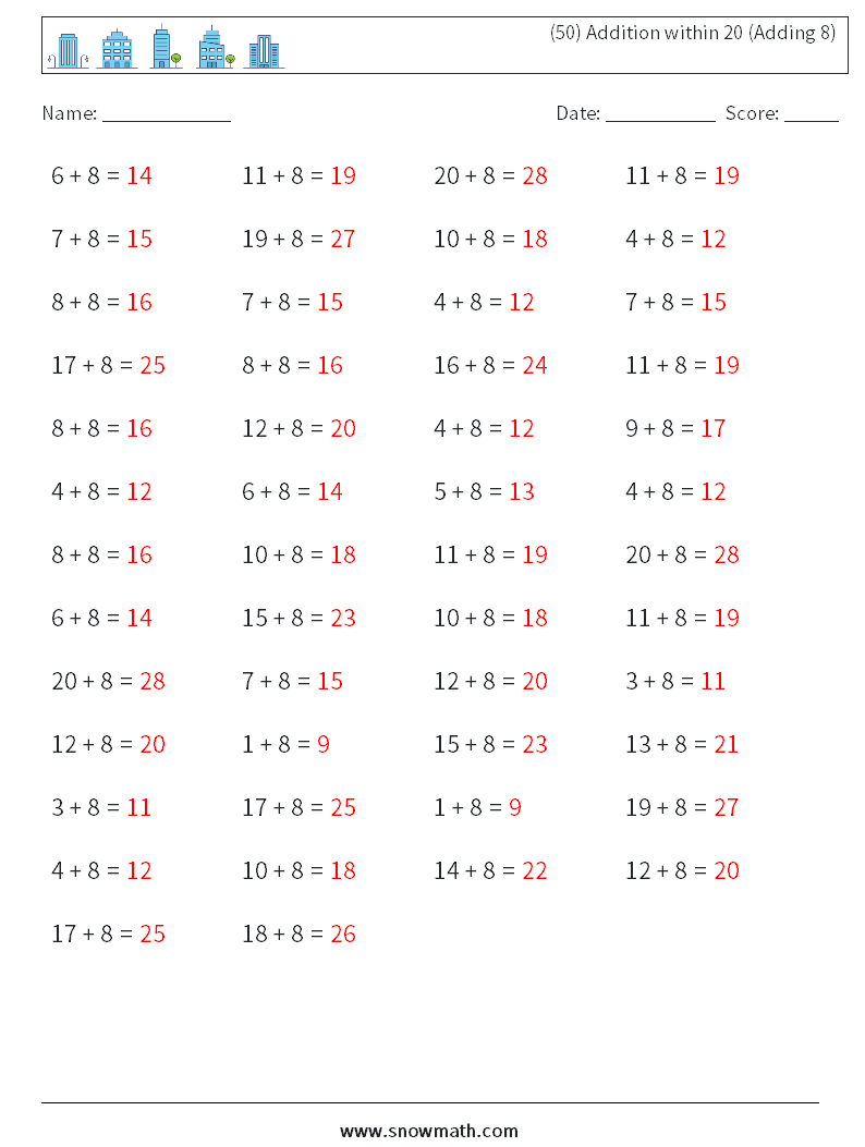 (50) Addition within 20 (Adding 8) Maths Worksheets 6 Question, Answer