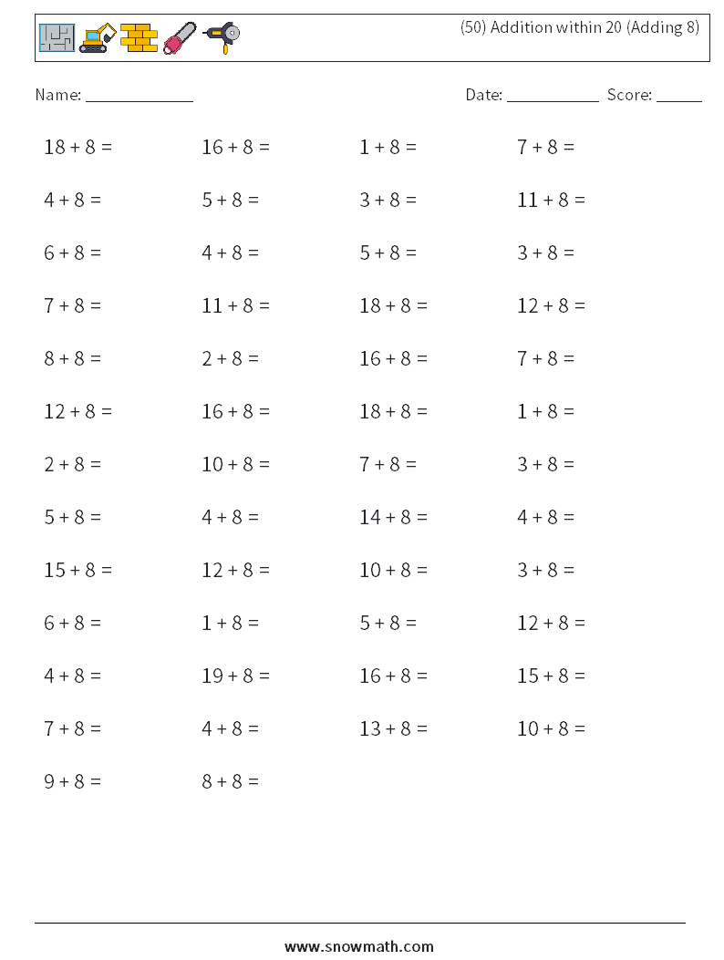 (50) Addition within 20 (Adding 8) Maths Worksheets 7