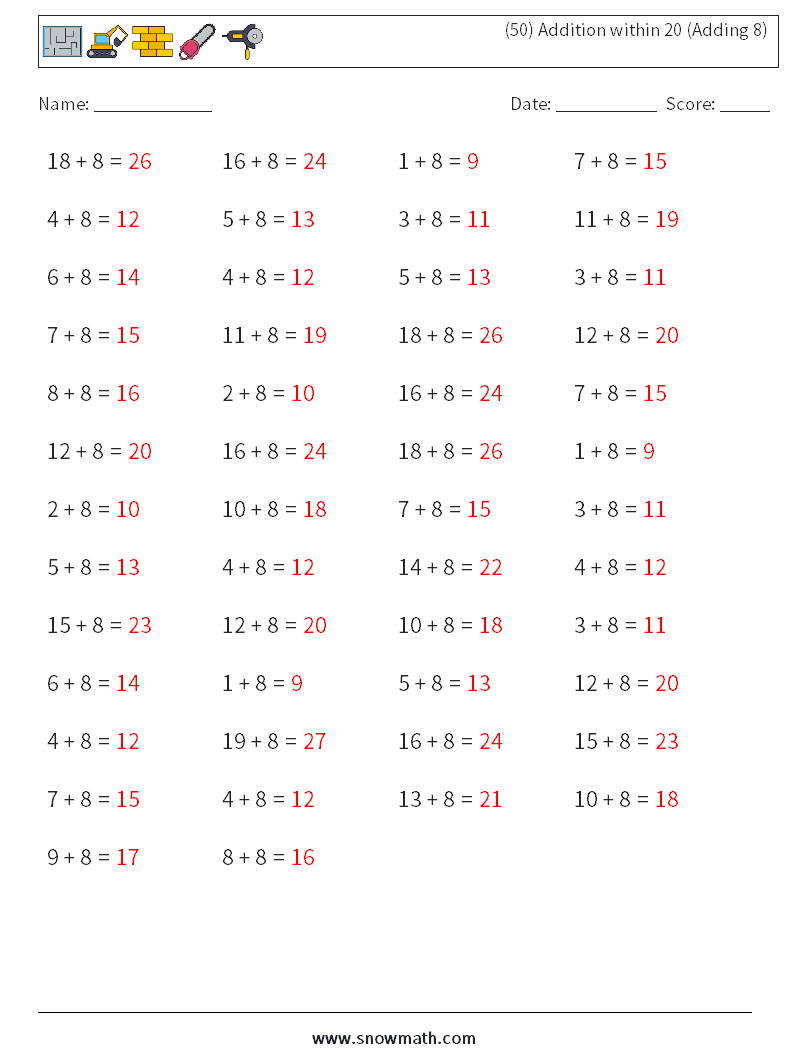 (50) Addition within 20 (Adding 8) Maths Worksheets 7 Question, Answer