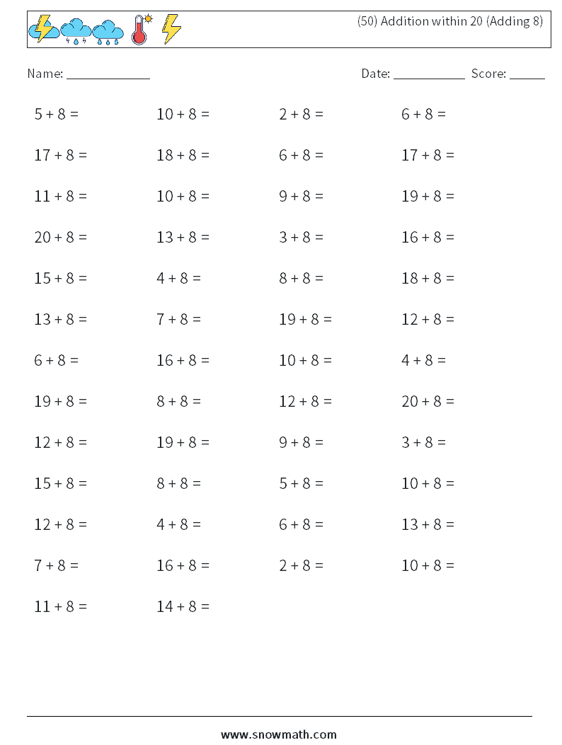 (50) Addition within 20 (Adding 8) Maths Worksheets 9