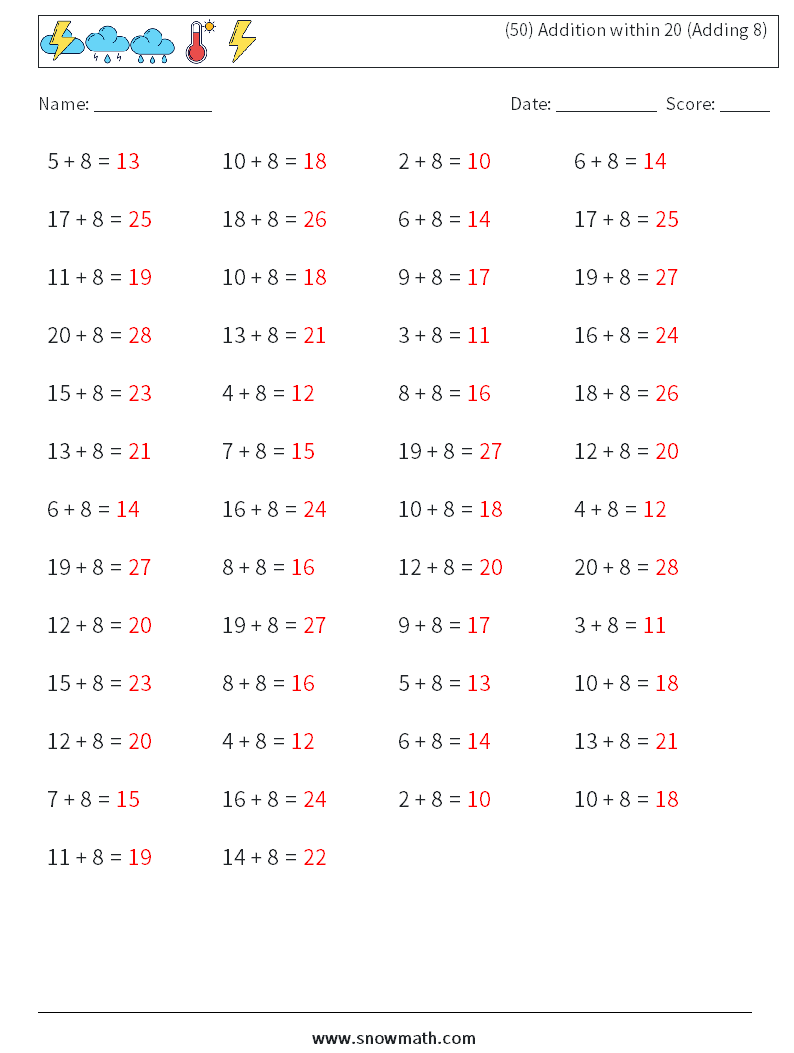 (50) Addition within 20 (Adding 8) Maths Worksheets 9 Question, Answer