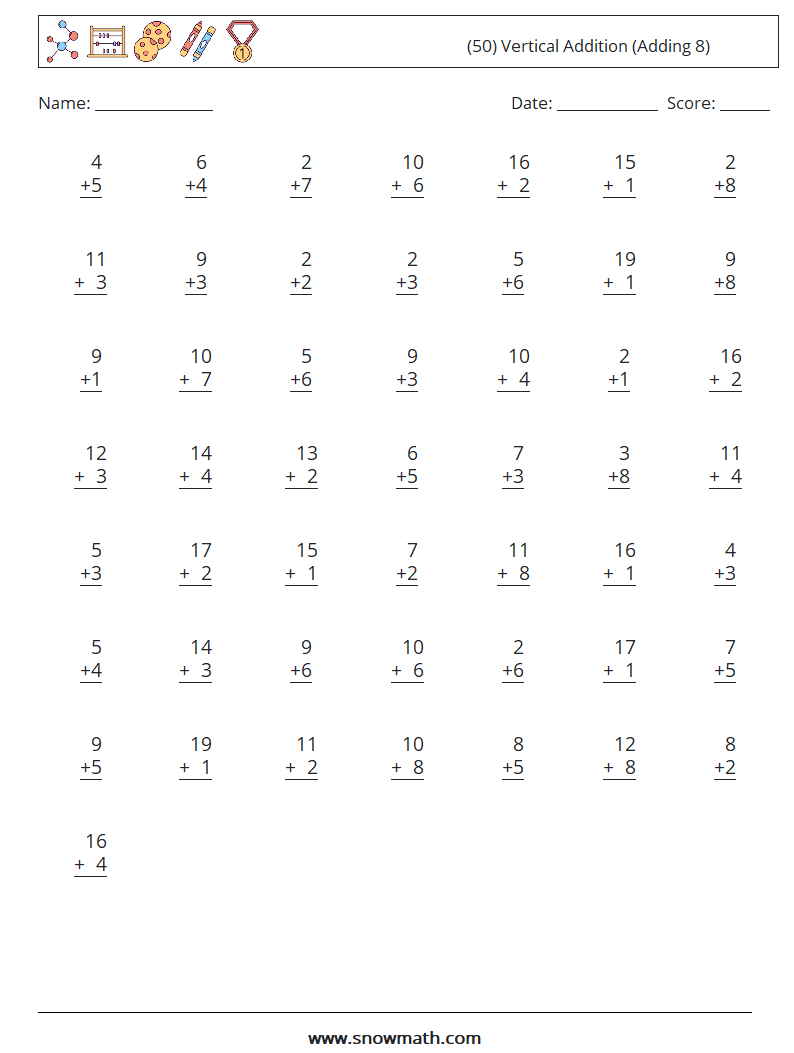 (50) Vertical  Addition (Adding 8) Maths Worksheets 10