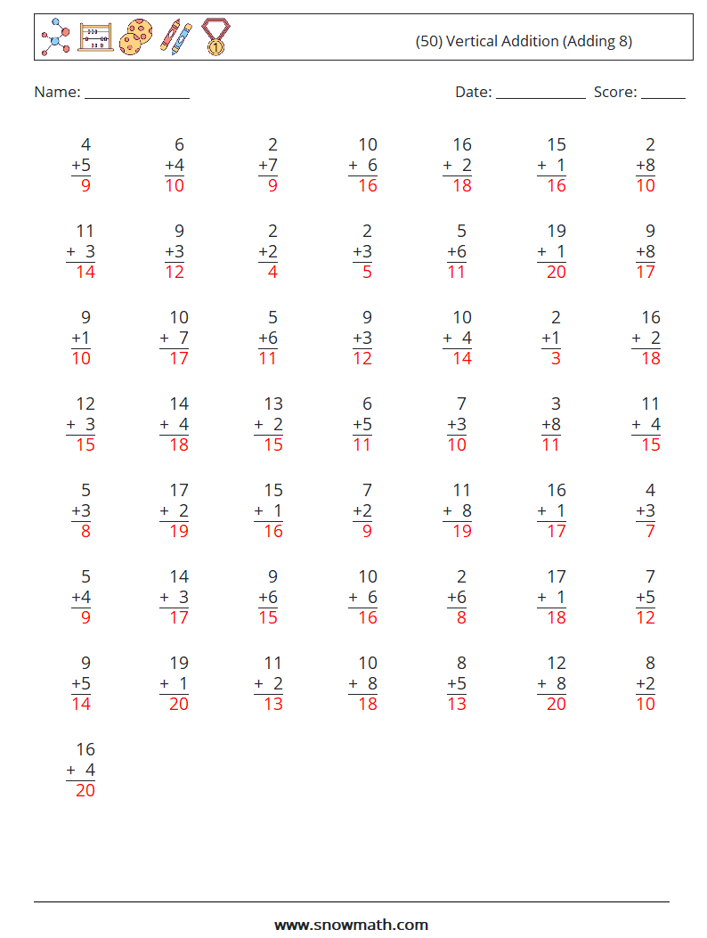 (50) Vertical  Addition (Adding 8) Maths Worksheets 10 Question, Answer