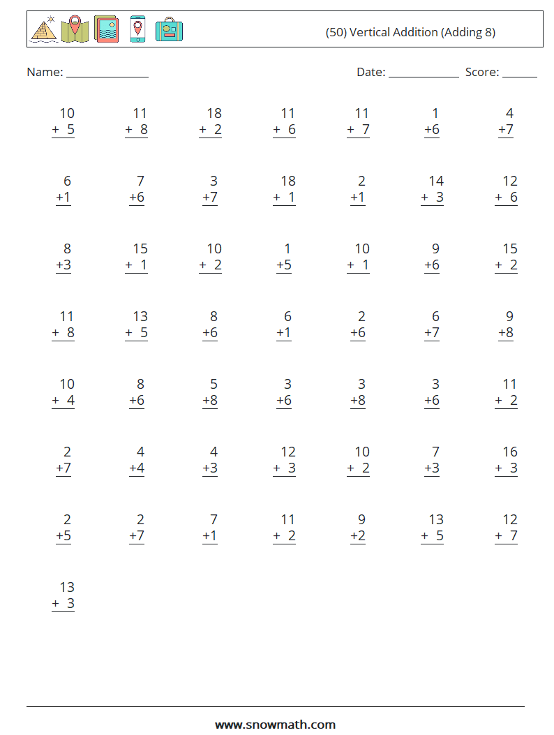 (50) Vertical  Addition (Adding 8) Maths Worksheets 11