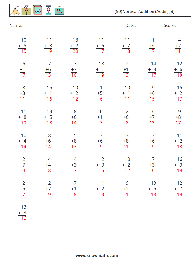 (50) Vertical  Addition (Adding 8) Maths Worksheets 11 Question, Answer