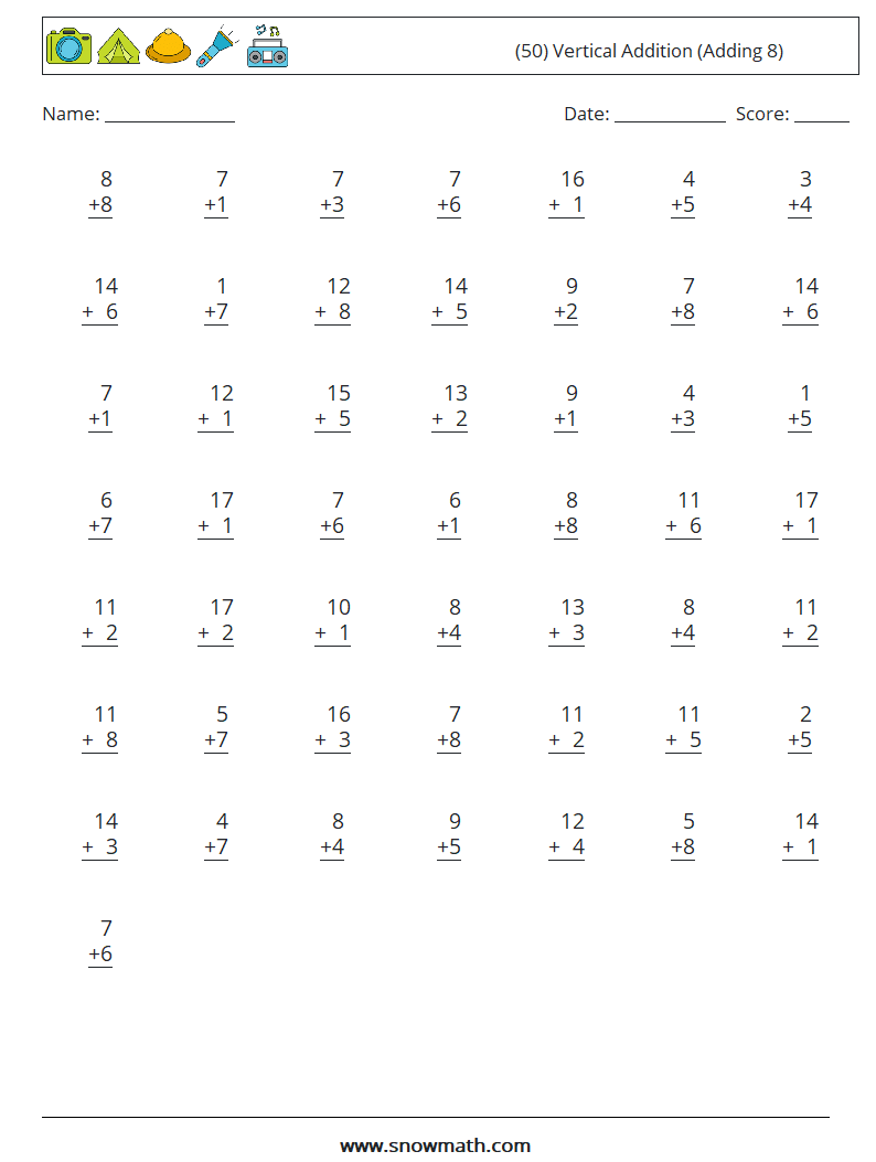 (50) Vertical  Addition (Adding 8) Maths Worksheets 12