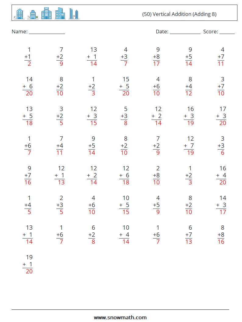 (50) Vertical  Addition (Adding 8) Maths Worksheets 13 Question, Answer