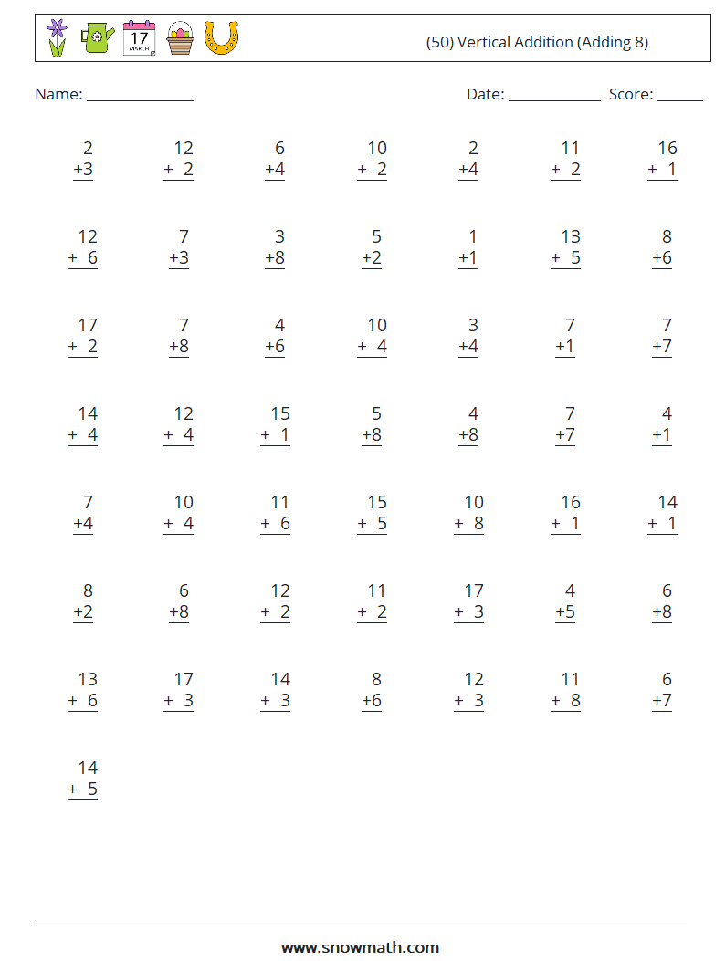 (50) Vertical  Addition (Adding 8) Maths Worksheets 14