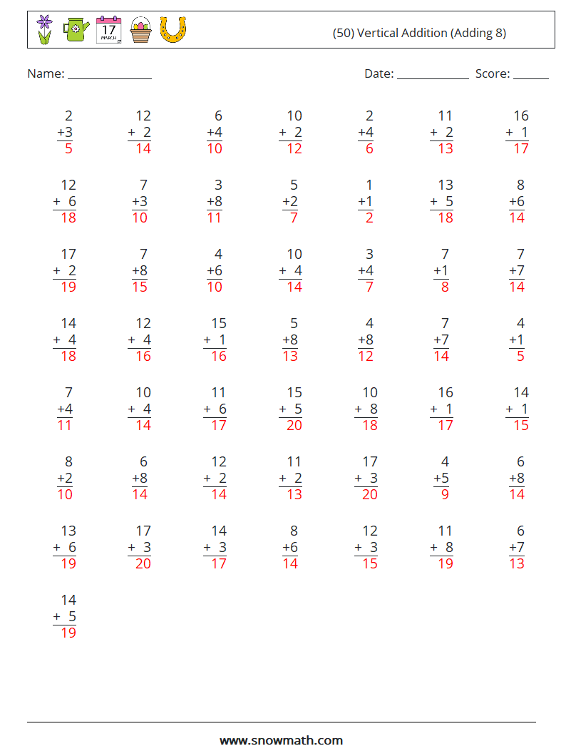 (50) Vertical  Addition (Adding 8) Maths Worksheets 14 Question, Answer