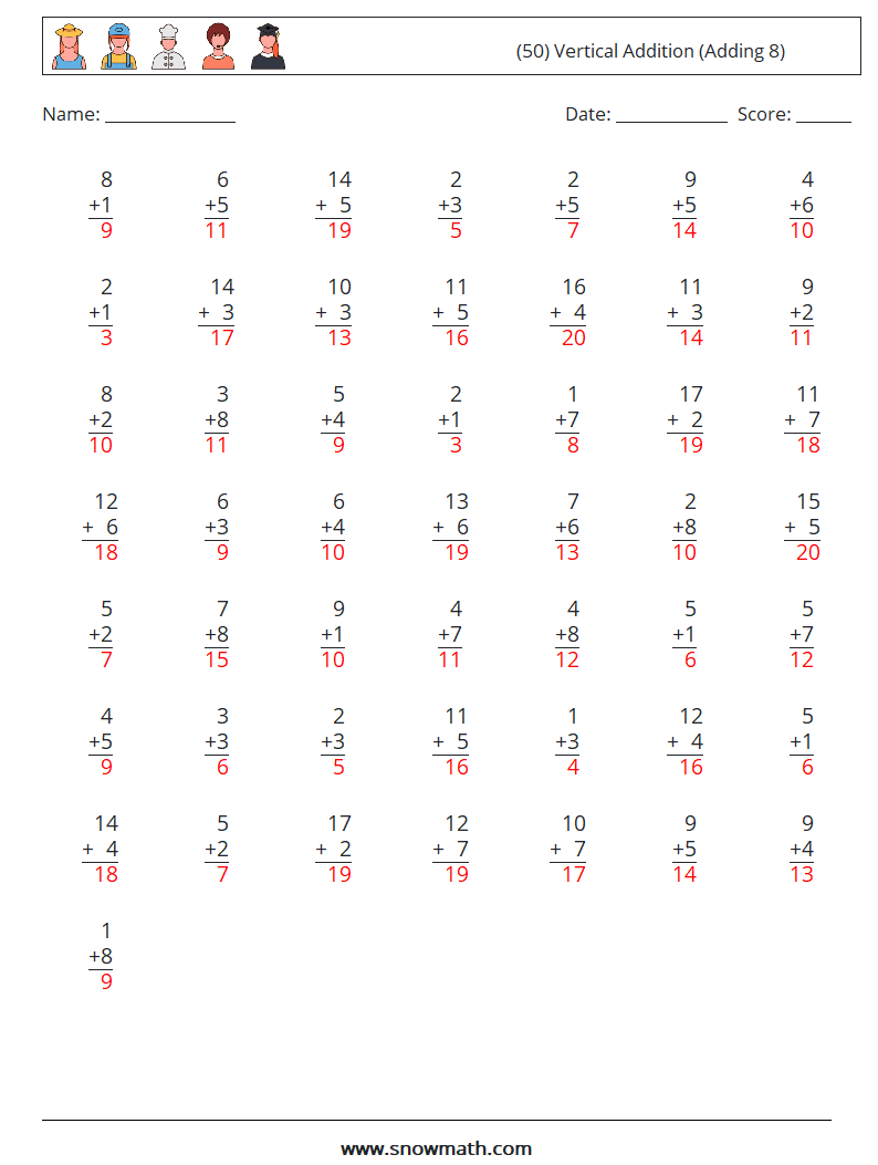 (50) Vertical  Addition (Adding 8) Maths Worksheets 16 Question, Answer