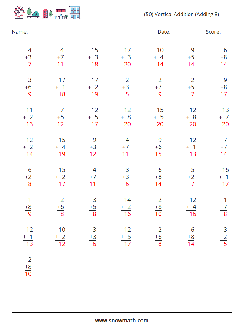 (50) Vertical  Addition (Adding 8) Maths Worksheets 17 Question, Answer