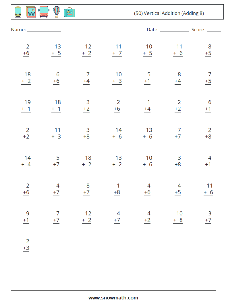 (50) Vertical  Addition (Adding 8) Maths Worksheets 18