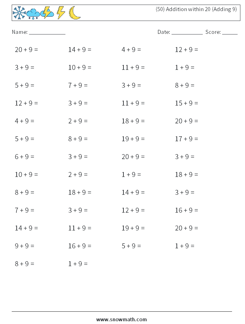 (50) Addition within 20 (Adding 9) Maths Worksheets 1